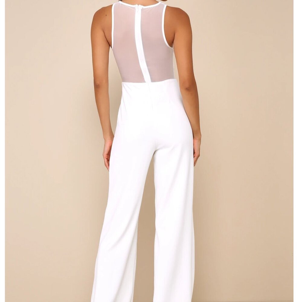 Lulus Sultry Charisma White Mesh Ruched Sleeveless Wide Leg Jumpsuit - Size L - Picture 4 of 5